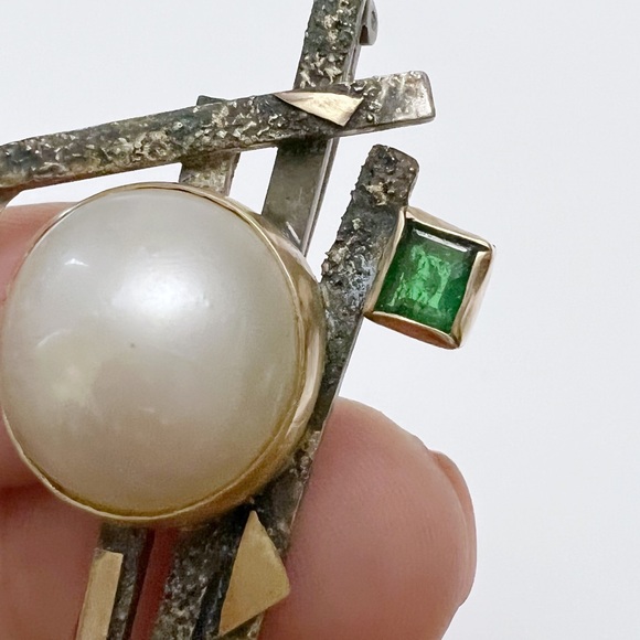 Vintage Carolyn Thomas 14K Gold Sterling Brass Mabe Pearl Emerald Brooch Pin - Picture 7 of 15